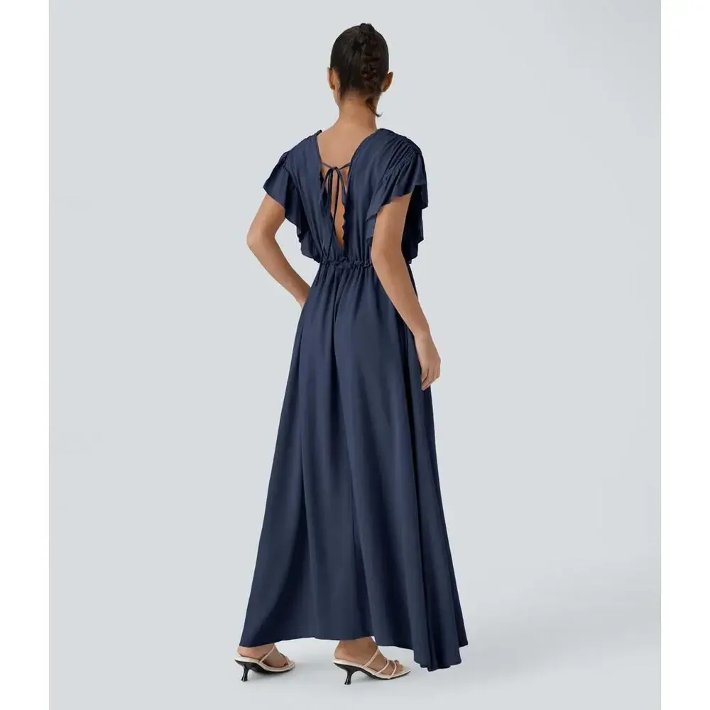 NWT Halara Deep V Neck Butterfly Sleeve Pocket Flowy Maxi Casual Dress Blue XL